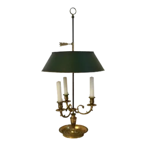 Antique Early 19th Century French Empire Gilt Bronze Bouillotte Lamp with Green Tole Shade
