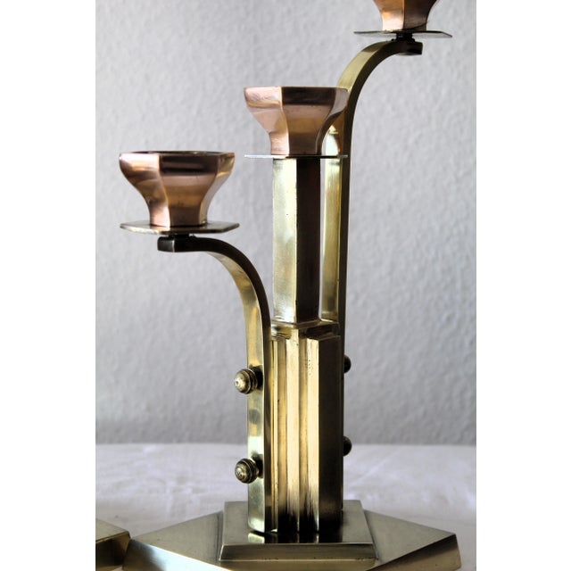 Art Deco 3-Armed Candlesticks in Brass, 1920s, Set of 2 For Sale - Image 13 of 14