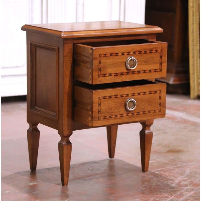 Late 20th Century Pair of 20th C. Louis XVI Style Inlaid Walnut Nightstands With Parquetry Detail For Sale - Image 5 of 11