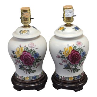 Vintage Romantic Painted Porcelain Floral Roses Boudoir Table Lamps - Pair For Sale