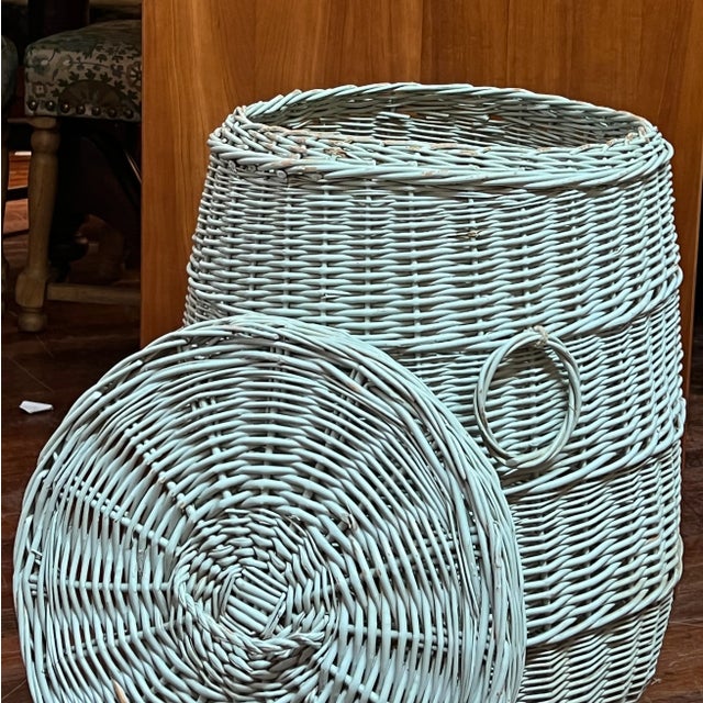 Late 19th Century 19th Century Large Wicker Basket With Lid Original Robin Egg Blue Paint For Sale - Image 5 of 11
