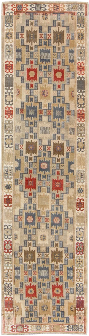 Vintage Oushak Runner With Beige, Soft Blue, Red, and Taupe Geometric Design 3' X 11'6