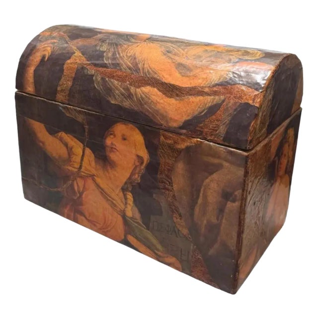 Vintage Paper Mache Decoupage Treasure Chest Box For Sale