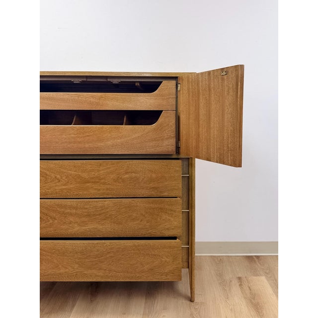 Mid Century Tallboy Dresser MCM Five Drawer Brass Accent Warm Gray Tone Wood For Sale - Image 12 of 14