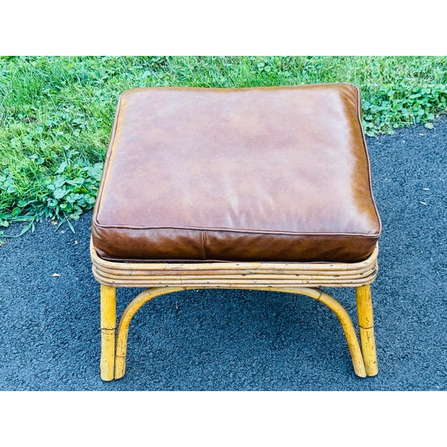 Mid-Century Modern Vintage 1950s Square Bamboo Footstool With Vinyl Cushion For Sale - Image 3 of 5