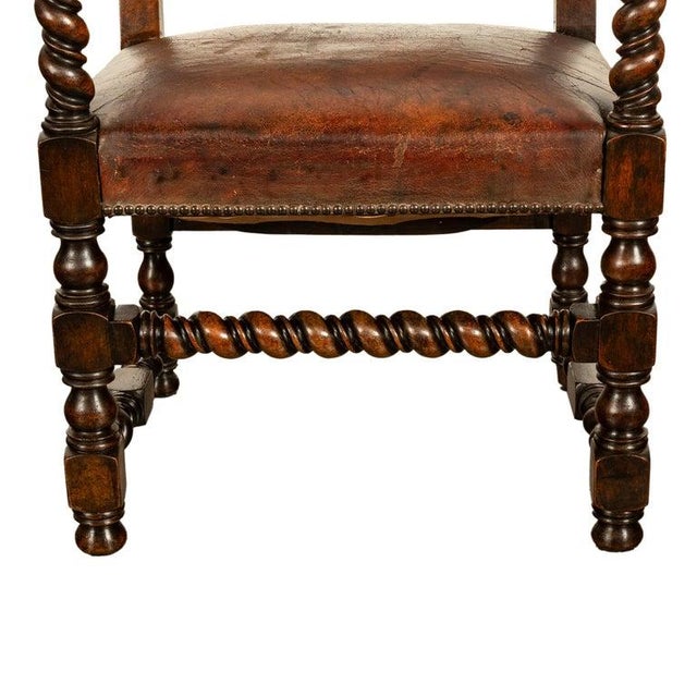Antique Italian Baroque Leather & Barley Twist Carved Mahogany Arm Chair 1820 For Sale - Image 14 of 14