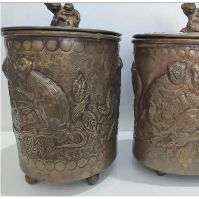 Metal 1990s Castilian Imports Brass Embossed Monkey Canisters- Set of 2 For Sale - Image 7 of 10