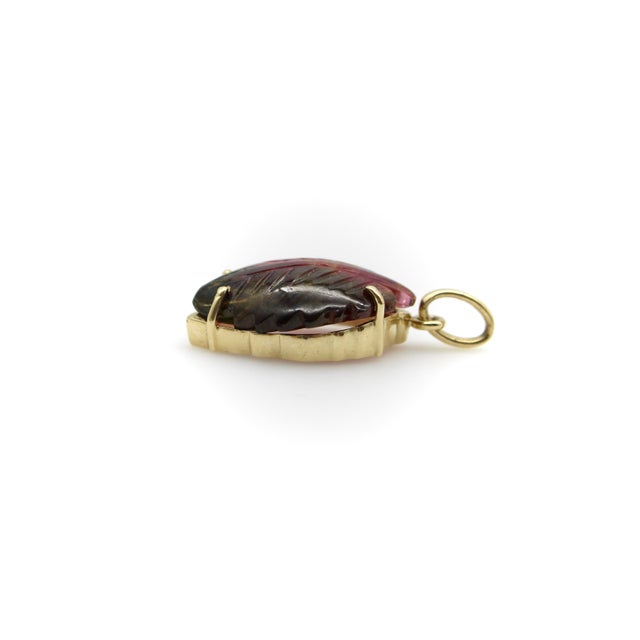 14k Gold Watermelon Tourmaline Carved Leaf Pendant For Sale - Image 4 of 9