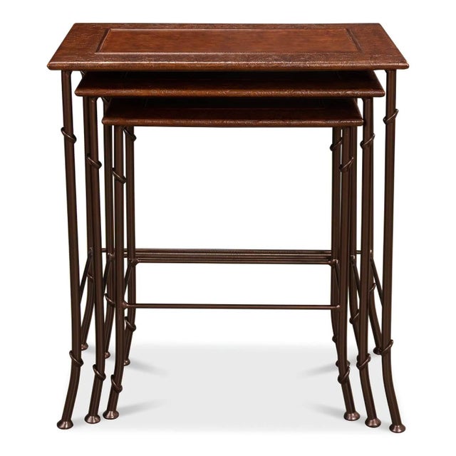 Brown Modern Leather-Top Nesting Tables - Set of 3 For Sale - Image 8 of 10