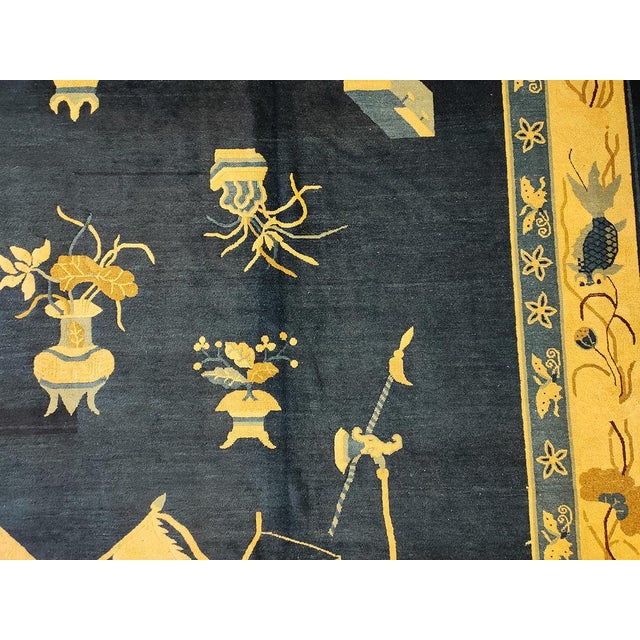 1920s Sensational Navy Blue and Tan Color With Chinoiserie Pattern Antique Chinese Peking Rug For Sale - Image 5 of 7