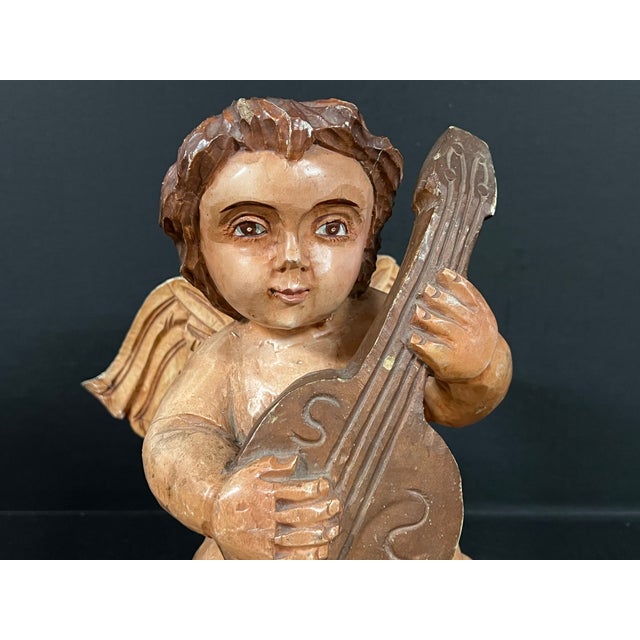 Vintage Hand Carved Wooden Cherub Angel Glass Eyes and Playing a Mandolin Sculpture For Sale - Image 4 of 7