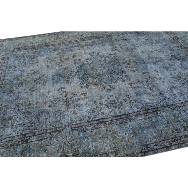 Mid 20th Century Vintage Persian Overdyed Handmade Medallion Blue Wool Rug For Sale - Image 5 of 11