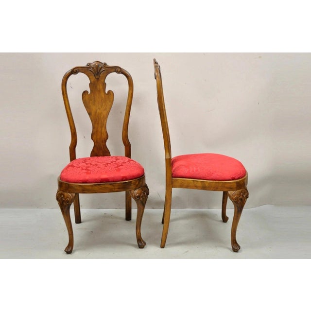 Red Vintage English Queen Anne Shell Carved Solid Wood Dining Side Chairs - Set of 8 For Sale - Image 8 of 10