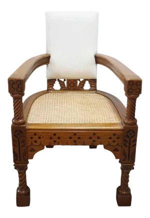 Anglo Indian Minerva Furniture Works Eastlake Caned Inlaid Teak Upholstered Armchair
