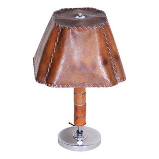 Art Deco Table Lamp in Walnut, Chrome-Plated Steel & Parchment Paper, Czech, 1920s For Sale