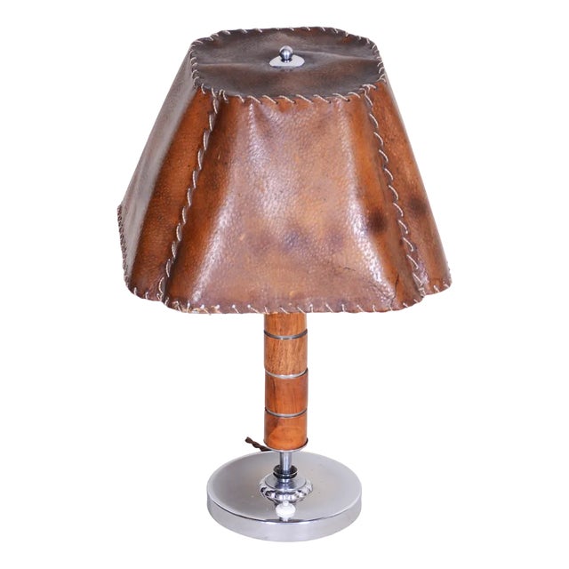 Art Deco Table Lamp in Walnut, Chrome-Plated Steel & Parchment Paper, Czech, 1920s For Sale