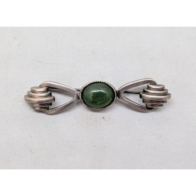 Vintage 1937 Signed Monet Silvertone Cabochon Faux-Jade Bar Brooch For Sale - Image 9 of 9