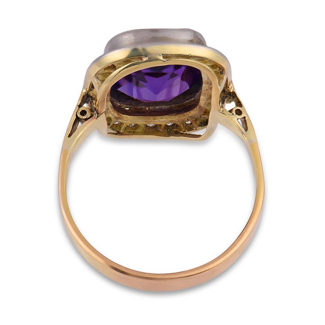 1940s Retro Amethyst Diamond 18k Two Tone Halo Ring, Size 8 For Sale In Los Angeles - Image 6 of 6