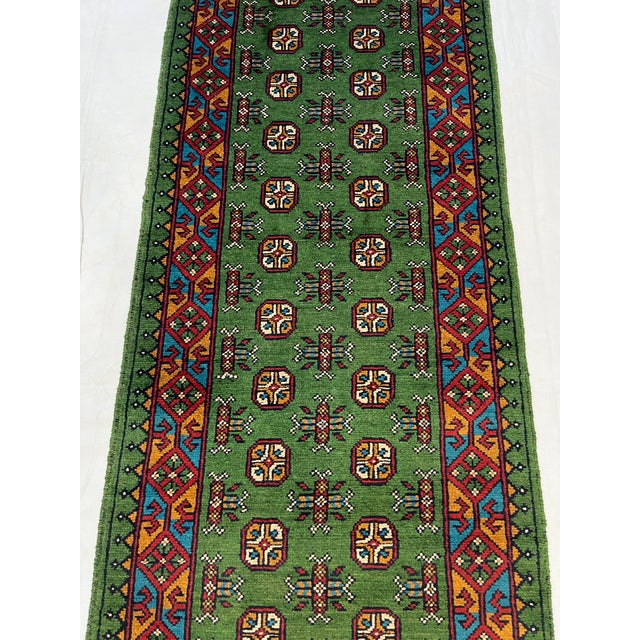 Textile Green Tribal Geometric Hallway Runner Rug With Red and Turquoise Border, 2'9" X 16'1" For Sale - Image 7 of 13