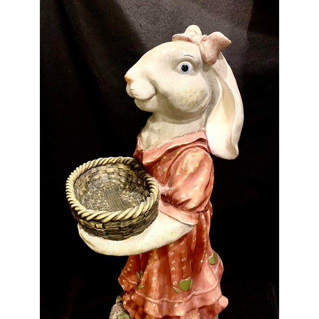 Red Large Folk Art Country Whimsical Bunny Rabbit Holding a Basket Statue Excellent Condition. For Sale - Image 8 of 11