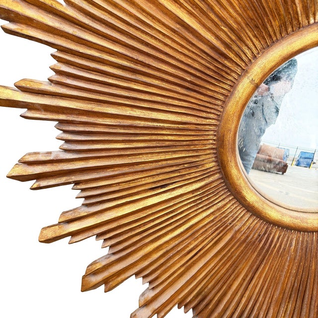 48" MCM Style Gilt Wood Starburst Mirror by Carol Canner for Carvers Guild For Sale - Image 4 of 13