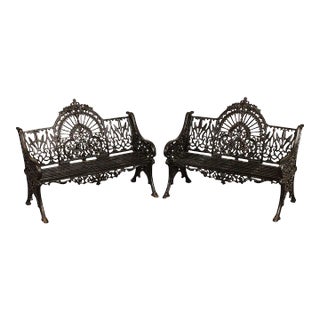 Pierce Wexford Victorian Style Pair of Cast Iron Outdoor Garden Benches For Sale