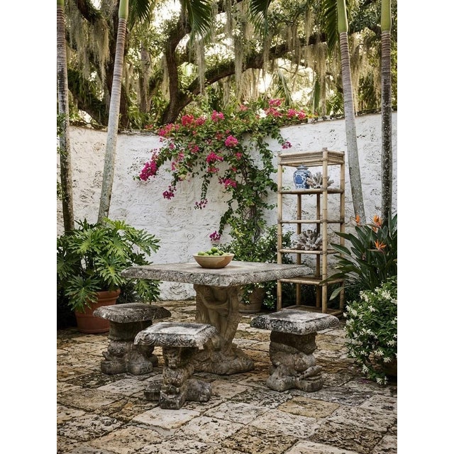 Vintage Cast Stone Garden Dining Set With Dolphin Pedestal Table & Three Matching Stools For Sale - Image 12 of 12