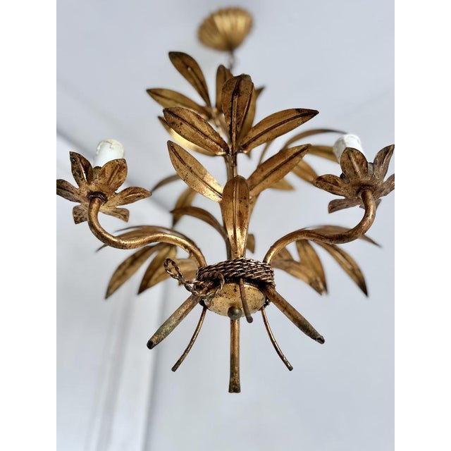 French Gilt Palm Leaf Chandelier, 1950 For Sale - Image 9 of 15