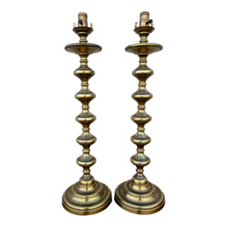 Mid Century Vertical Stacked Brass Bobbin Lamps- A Pair For Sale