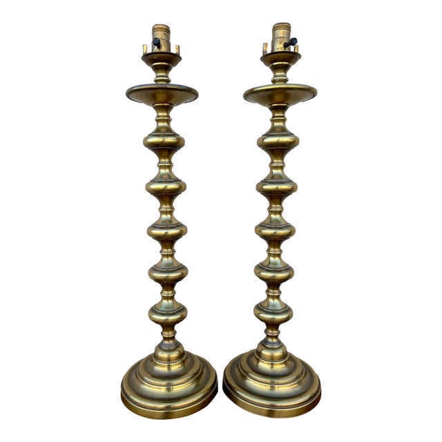 Mid Century Vertical Stacked Brass Bobbin Lamps- A Pair For Sale