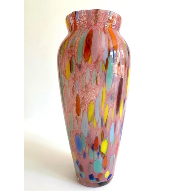 Glass Vintage 1980's Post Modern Abstract Hand Blown Studio Art Glass Multicolor Tall Flower Vase For Sale - Image 7 of 13