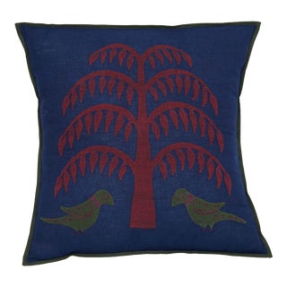 Indian Fir Tree Applique Pillow Case - Navy & Maroon, 16" x 16" For Sale