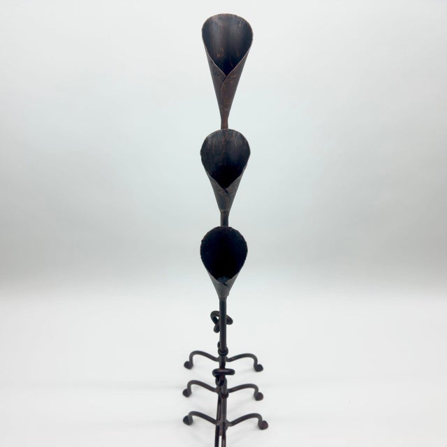 2020s Hand Forged Iron Candelabra Set of 3 (90-110cm) Antique Copper Finish Knotted Stem with Conic Cup For Sale - Image 5 of 7