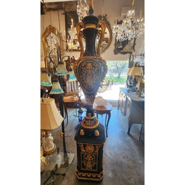 Late 19th Century Black and Gold Painted Carved Vase Statues - Set of 2 For Sale - Image 4 of 9