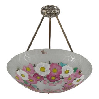 Loys Lucha French Art Deco Pendant Light 1930s - Enameled Pink Floral Bowl For Sale