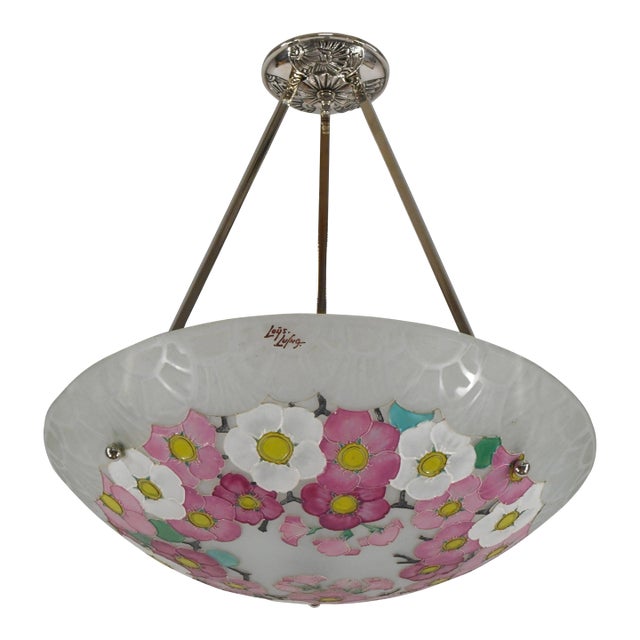 Loys Lucha French Art Deco Pendant Light 1930s - Enameled Pink Floral Bowl For Sale