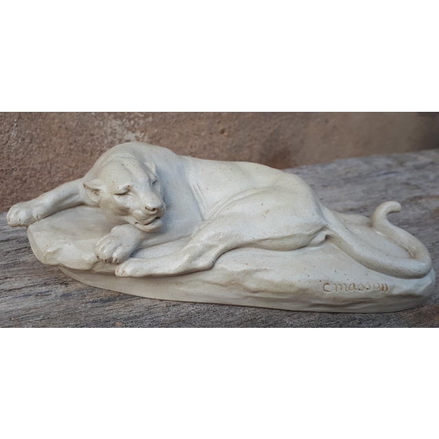 Beige Sculpture of Lying Lioness in Enamel & Stoneware by Clovis-Edmond Masson, 1890s For Sale - Image 8 of 18