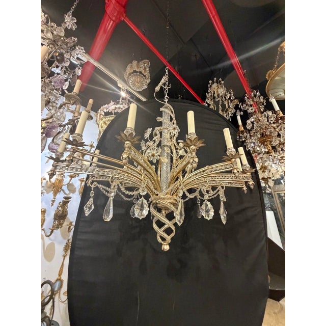 Glass 1940s French Silver Leaf and Crystal Chandelier 12 Lights For Sale - Image 7 of 9