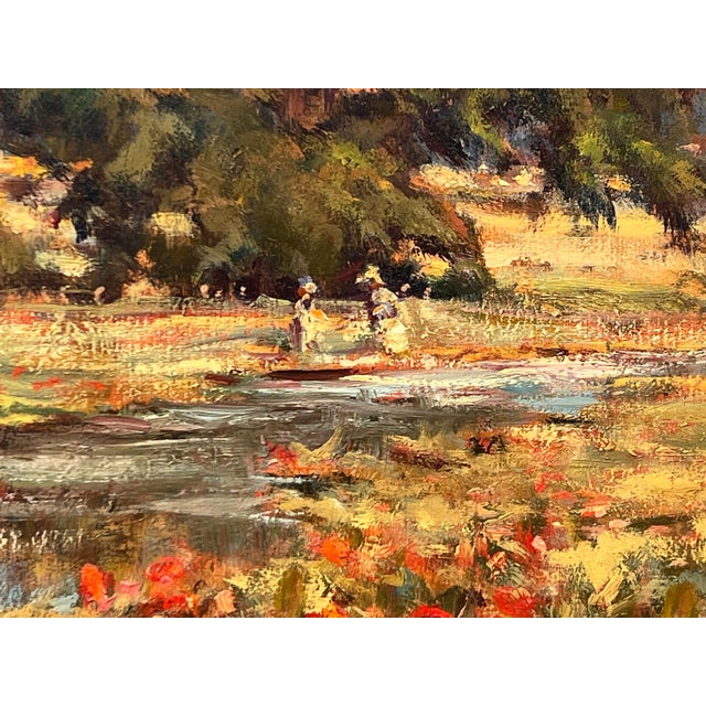 Vintage Impressionist English River Landscape Painting with Flowers & Figures 1985 For Sale - Image 14 of 16