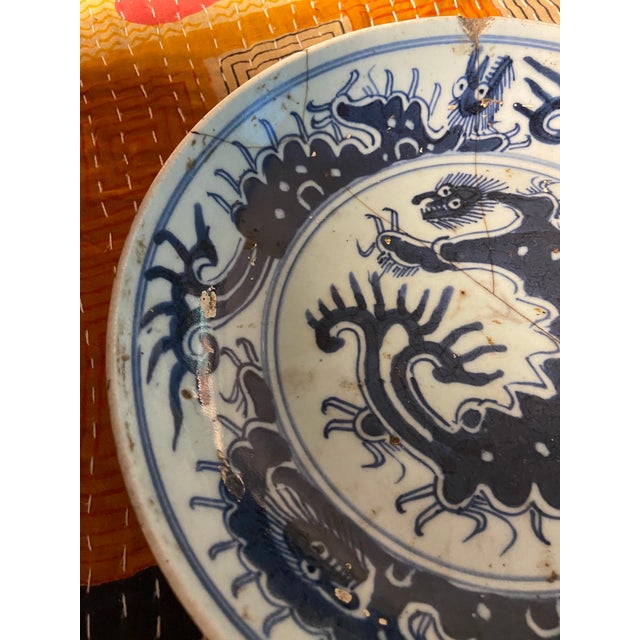 Chinoiserie Antique Chinese Blue & White Dragon Porcelain Plate, With Staples For Sale - Image 3 of 13