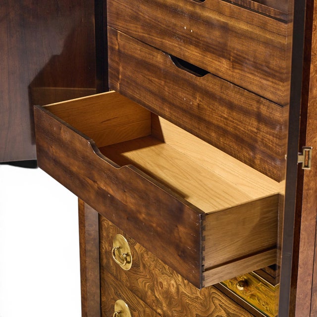 Bernhard Rohne for Mastercraft Mid Century Burlwood and Acid Etched Brass Armoire Dresser For Sale In Chicago - Image 6 of 9