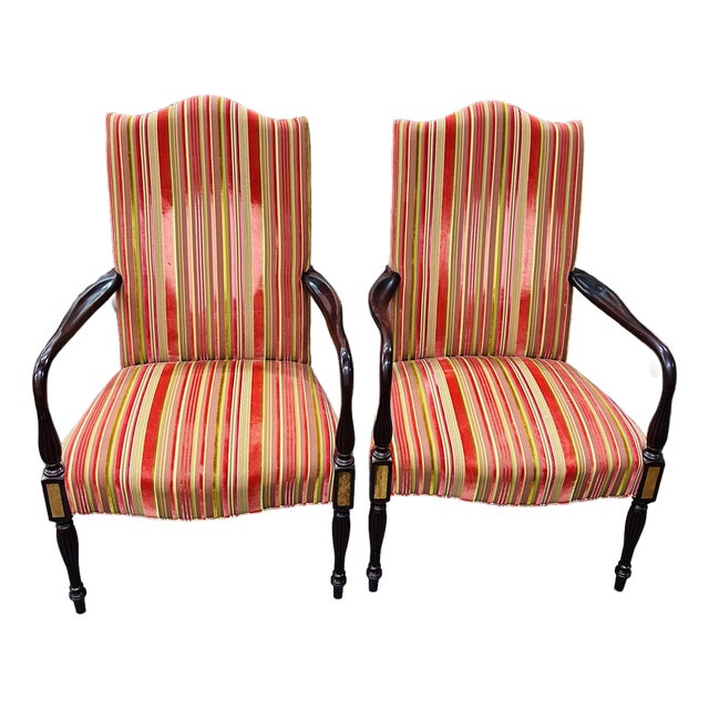 Late 20th Century Pair of Traditional High-Back Armchairs With Red & Gold Striped Upholstery – Carved Wood Frames For Sale