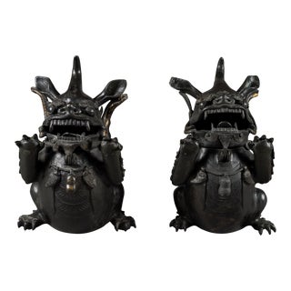 Pair Antique Chinese Bronze Foo Dog Shishi Incense Burners Qing Republic For Sale