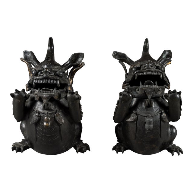 Pair Antique Chinese Bronze Foo Dog Shishi Incense Burners Qing Republic For Sale