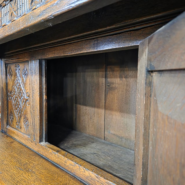 19th Century English Oak Carved Panel Jacobean 3 Door & 2 Drawer Court Cupboard With Bulbous Supports For Sale - Image 14 of 18