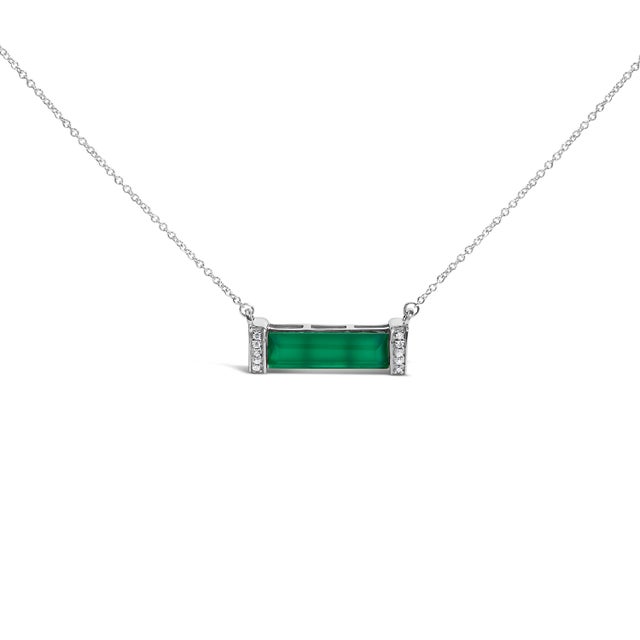 Drape yourself in the understated elegance of this Sterling Silver Diamond Accent and Green Agate Bar Pendant Necklace....