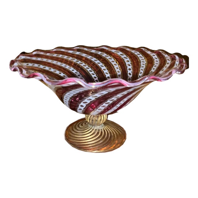 Murano Centerpiece Bowl with Ruby Canes & 24k Gold by Vivarini Zanfirico Latticino, 1960s For Sale