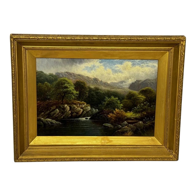 “A Quiet Pool, North Wales” — Victorian Welsh River Landscape Oil Painting by Thomas Spinks (C. 1890), River Conwy For Sale
