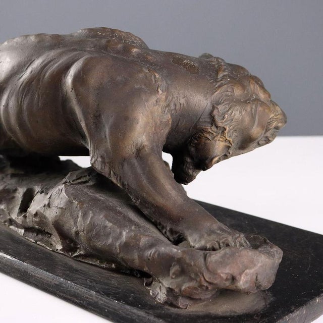 Brown Modern Bronze Feline Figurine with Wooden Base For Sale - Image 8 of 10