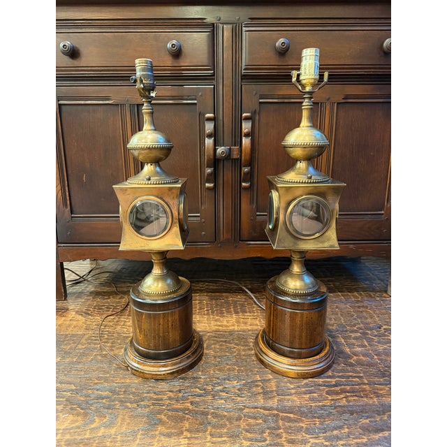 Traditional Late 20th Century Frederick Cooper Brass, Glass & Wood Nautical Lantern Table Lamps - a Pair For Sale - Image 3 of 11
